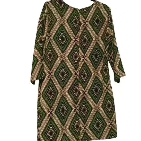 NWT Green and Gold Diamond Print Shift Dress – 3/4 Sleeve, Retro Style, Size L - Picture 3 of 5